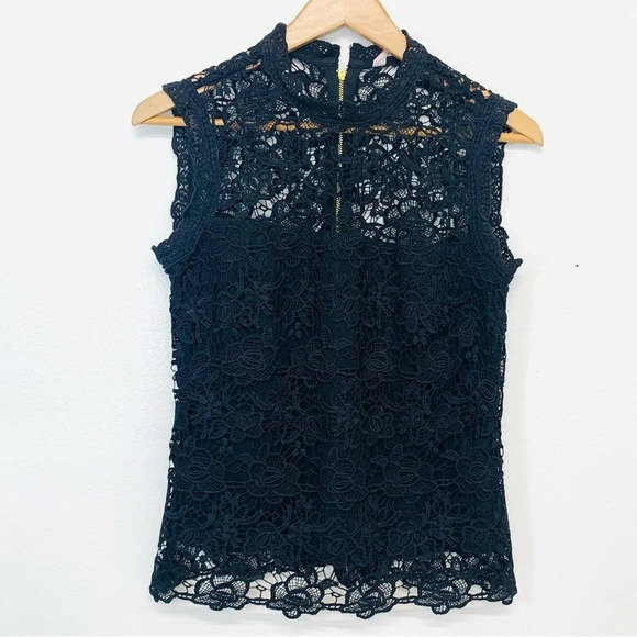Nanette Lepore Crochet‎ Lace Blouse Top Small  Black Floral Back Gold Zip Lined - Picture 1 of 10